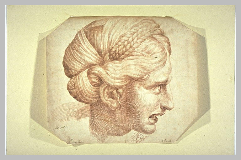 Tête de femme criant, de profil vers la droite