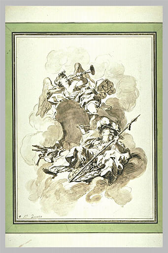 Minerve traçant le plan d'un temple sur un bouclier que tient la Renommée