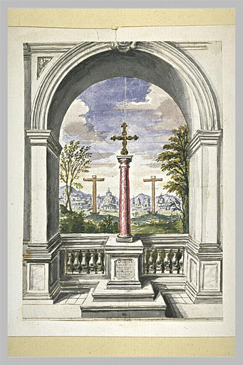 Croix sur une colonne, dans une arcade ouverte sur un paysage