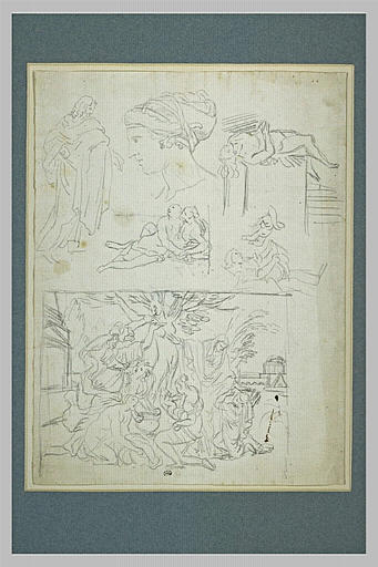 Etudes : naissance d'Adonis, figure drapée, tête de femme, figures allongées