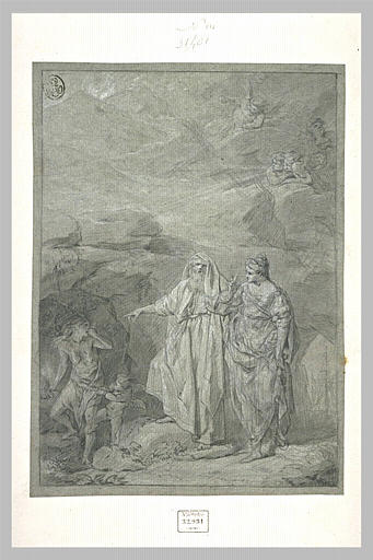 Un vieillard et une sibylle debout dans le désert regardant un jeune homme