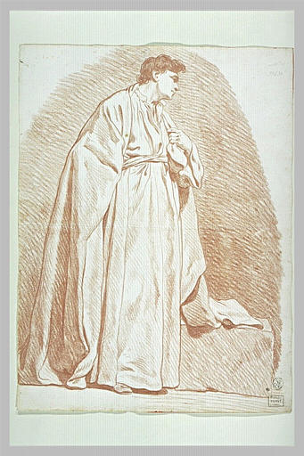 Figure d'homme debout, revêtu d'une robe et d'un grand manteau