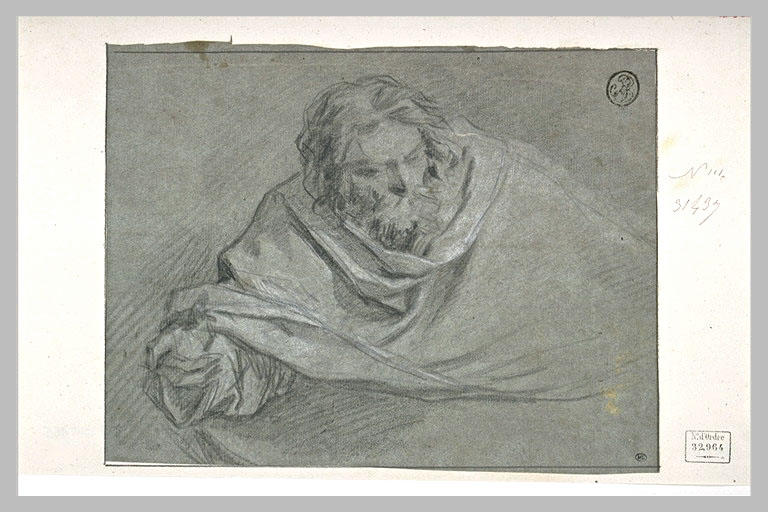 Demi-figure barbue, assise, drapée