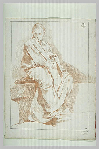 Académie d'homme assis drapé, regardant en bas