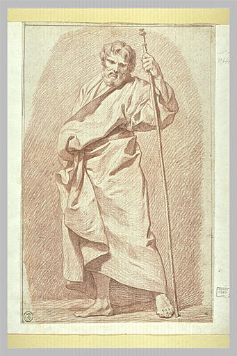 Homme barbu, marchant, tenant un long bâton