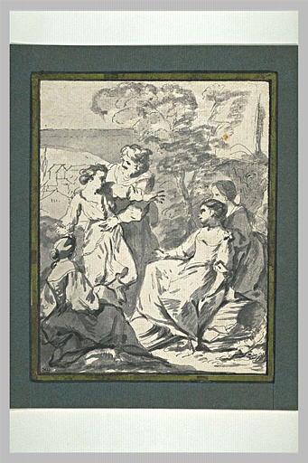 Homme retenant une jeune personne devant trois jeunes filles