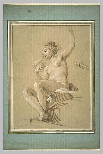 Jeune femme tenant une coupe, assise sur une draperie