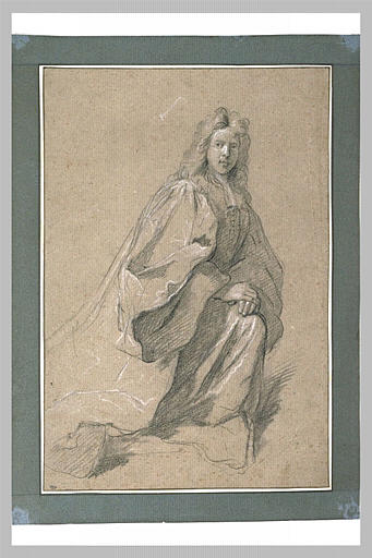 Homme d'église portant perruque, un genoux à terre