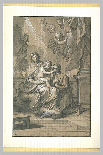 L'Enfant, sur les genoux de la Vierge, se penchant vers un saint agenouillé