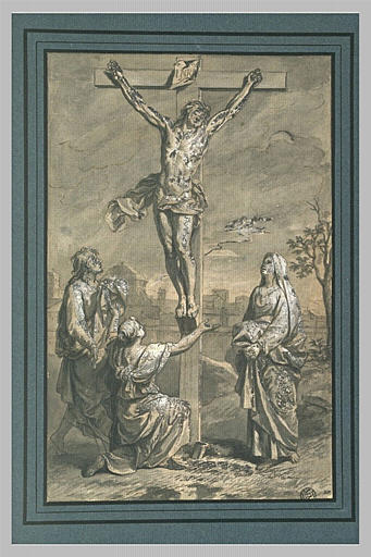 Jésus sur la Croix entouré des saints Madeleine et Jean et la Vierge Marie