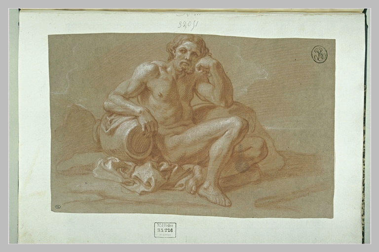 Un fleuve nu, assis, regardant vers la gauche