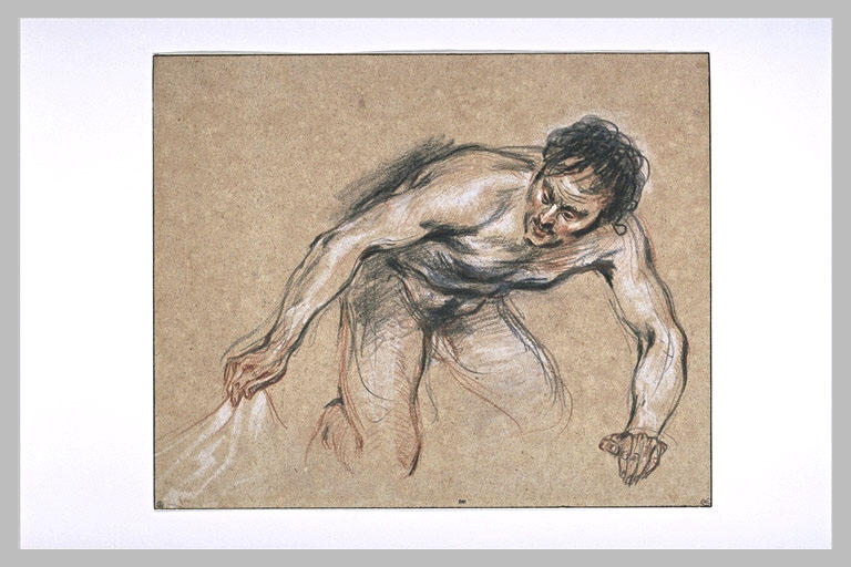 Homme nu, agenouillé, soulevant une draperie