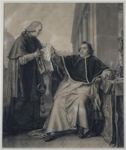 Signature du concordat par le pape Pie VII, le quinze août 1801 ; Signature du Concordat entre la France et le Saint-Siège, par le pape Pie VII, le 15 août 1801 (le cardinal Consalvi recevant du Pape la ratification du Concordat) (autre titre)