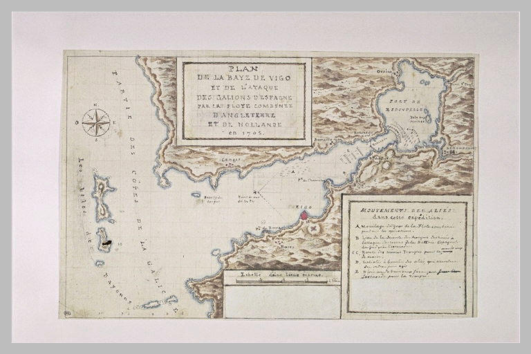 Plan explicatif de l'attaque des galions dans la baie de Vigo, 1702