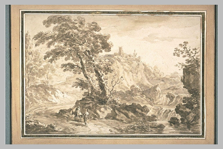 Paysage avec figures, château fort et cascade