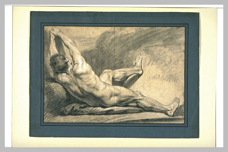 Homme nu, à demi-allongé, vu de dos, semblant tirer un objet à lui