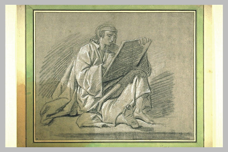 Homme drapé, assis à terre, écrivant sur une tablette