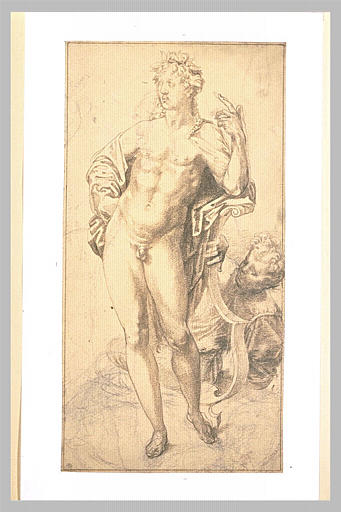 Apollon nu, debout, accoudé sur une lyre et une autre figure
