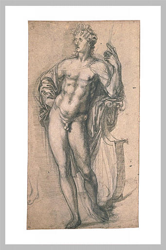 Apollon nu, debout, accoudé sur une lyre