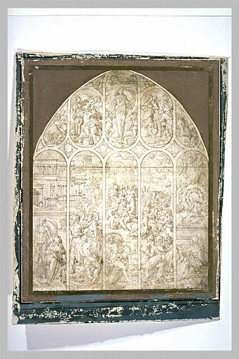 Projet de vitrail avec des scènes de la vie de la Vierge et du Christ
