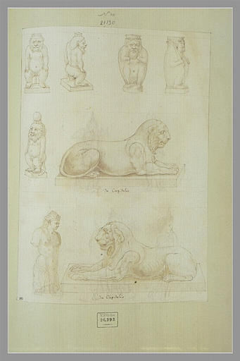 Cinq typhons, deux lions, un torse de femme égyptienne et des harpocrates