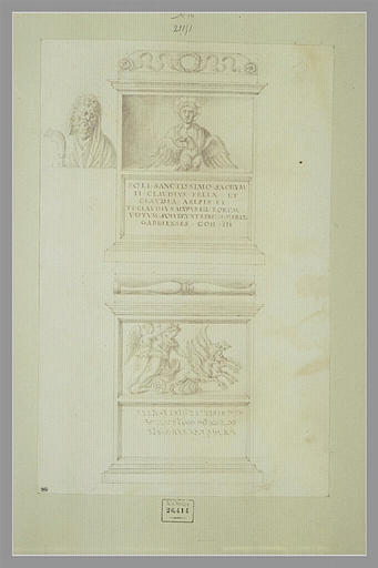 Le buste d'un prêtre ; deux vues d'un monument portant des inscriptions