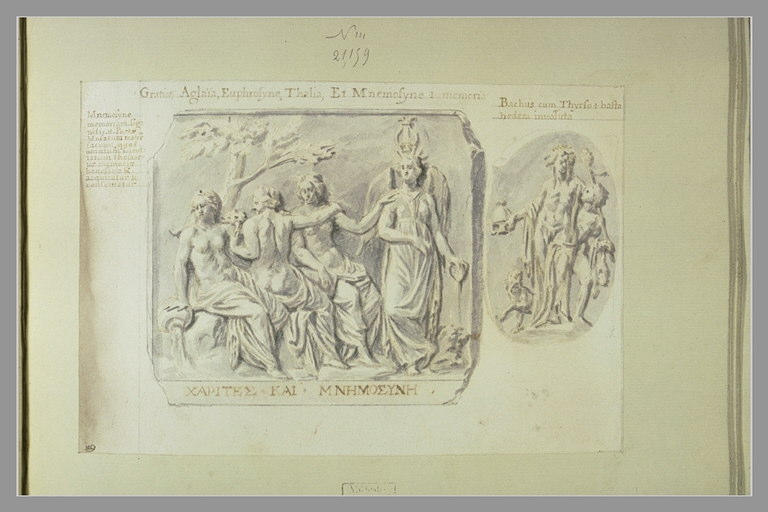 Deux bas-reliefs : Les Grâces et Mnémocyne ; Bacchus