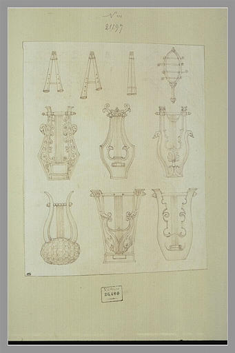 Trois doubles flûtes, six lyres et un autre instrument