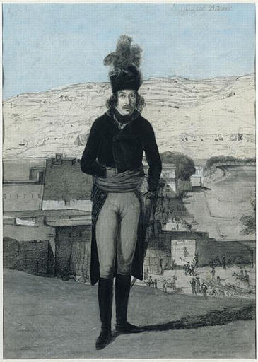 Portrait du général Desaix ; Louis-Charles-Antoine Desaix (1768-1800) - représenté pendant la campagne d'Egypte en 1798 devant la vue d'un village égyptien, alors général de brigade (autre titre)