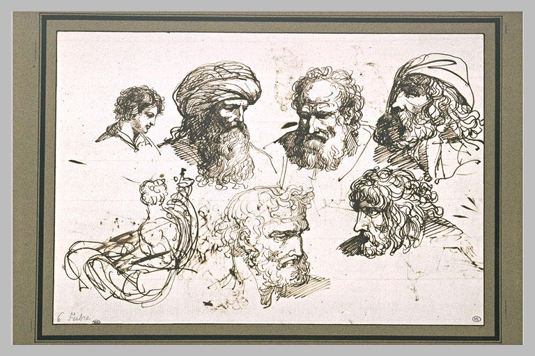 Six étude de têtes d'hommes et une étude d'homme vu de dos