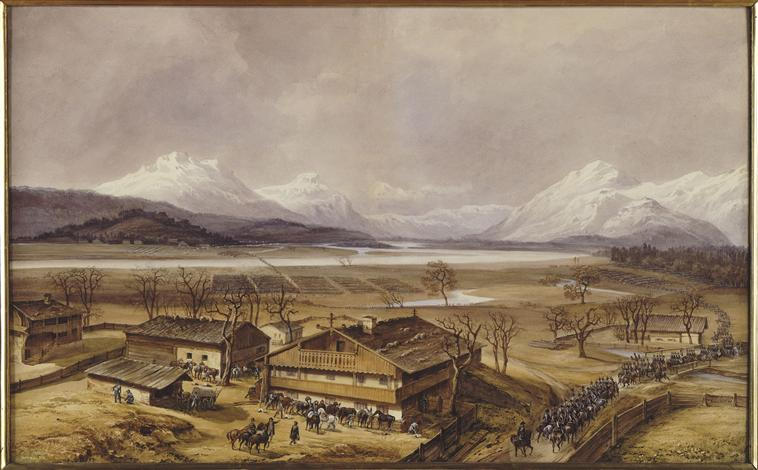 Passage de l'Inn le 9 décembre 1800 ; Passage de l'Inn par les troupes françaises commandées par le Général Moreau prés de Rosenheim en Bavière, aprés la bataille d'Hohenlinden le 8 décembre 1800 (autre titre)