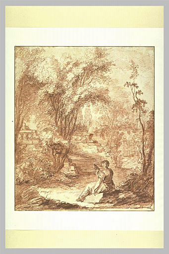 Intérieur d'un parc avec une femme tenant une quenouille, vue de dos