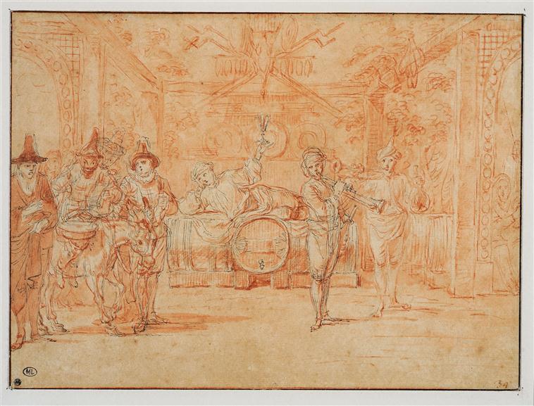 Scène de la comédie italienne : Arlequin, Cassandre, deux marmitons