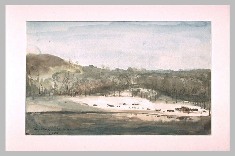 Parc de Versailles, vue de la pièce d'eau des Suisses, effet de neige, 1838