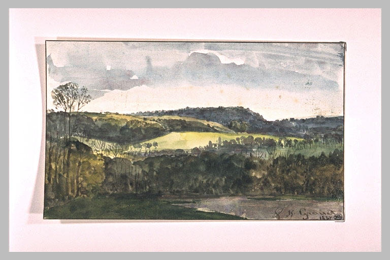 Paysage avec une pièce d'eau et un coteau ensoleillé, 1837