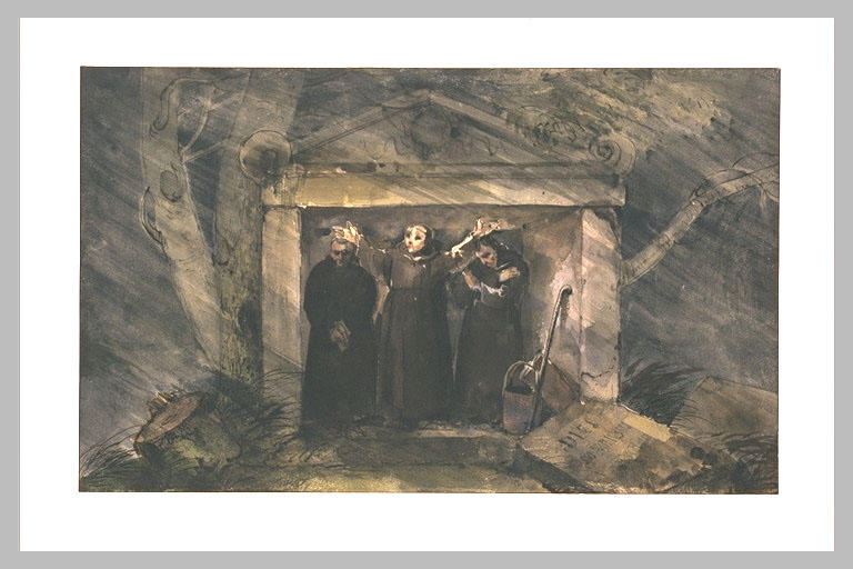 Trois moines se mettant à l'abri d'un orage sous le fronton d'un tombeau