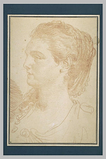 Tête de jeune femme, vue de profil, tournée vers la gauche