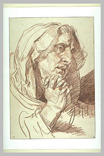 Tête d'une femme agée, les mains jointes sous le menton