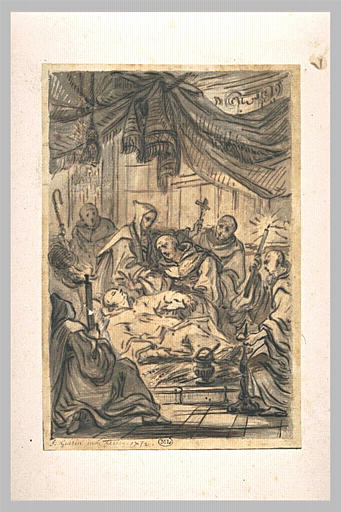 Mort d'un religieux couché sur de la paille et entouré d'autres religieux