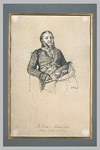 Le Comte Chabrol-Volvic en costume d'académicien, assis