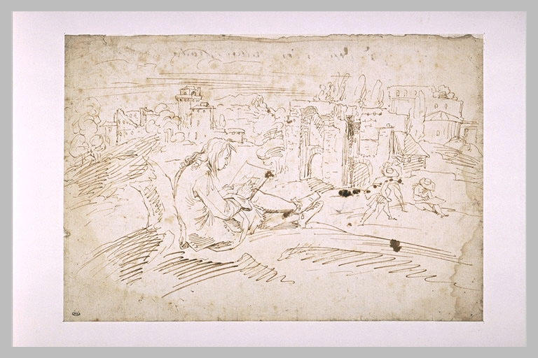 Paysage avec une ville dans le fond et un jeune homme dessinant