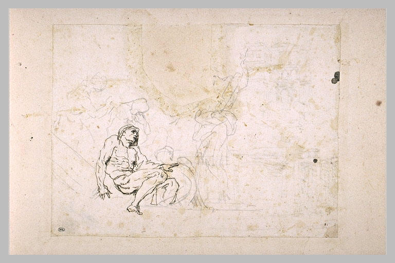 Un homme nu assis entouré par d'autres figures