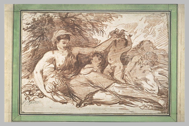 Nymphe assise au pied d'un arbre entourée de deux amours et d'un fleuve