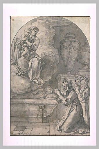 Apparition de la Vierge à l'Enfant à trois religieuses près d'un tombeau