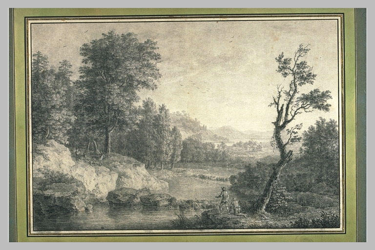 Paysage avec deux hommes au bord d'une rivière et trois cerfs
