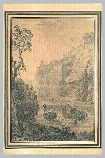 Paysage avec un château fort et une chute d'eau