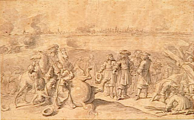 Entrée du roi et de la reine, à Douai, 1667 ; Louis XIV dans la tranchée au siège de Douai en 1667 (étude pour la tapisserie de la tenture de L'histoire du Roi) (autre titre)