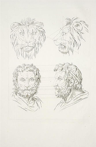 Deux têtes de lion et deux têtes d'homme en relation avec le lion.