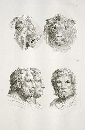 Deux têtes de lions et trois têtes d'hommes en rrelation avec le lion.