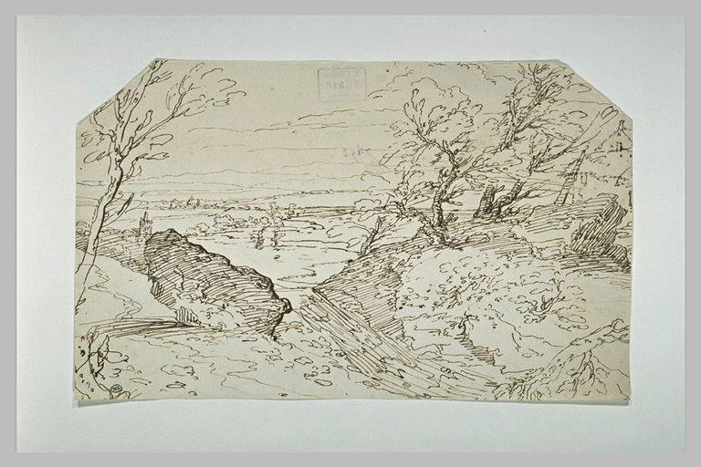 Vaste plaine, vue d'une colline boisée